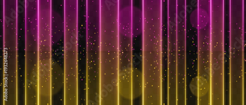 Orange green vertical light curtain composition. Bright glowing columns, warm upper tones blending into green lower glow, scattered spark particles, soft bokeh circles, dark backdrop, luminous