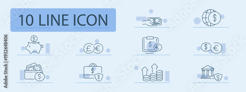 Finance set icon. Piggy bank, wallet, banknotes, coins, currency exchange, globe money, investment growth, banking security, savings, capital management, economy, payment system.