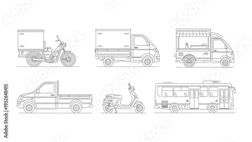 Urban Transport Collection: A comprehensive set of line art illustrations, featuring various urban transport modes. Designed with simplicity.