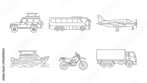 Transportation Vector Set: A comprehensive collection of various vehicles, each meticulously depicted with clean, minimalist line art, illustrating the diverse modes of transport.