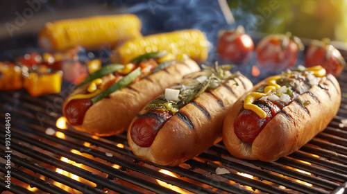 Grilled hot dogs with toppings and roasted vegetables on barbecue  