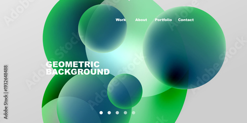 Abstract geometric shapes overlap, creating vibrant green, blue gradients. Navigation links present work, about, portfolio, contact options.