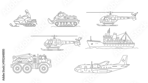 Transportation Vehicles Sketch: A collection of various transportation vehicles in a detailed sketch. Displaying the diverse modes of transport.