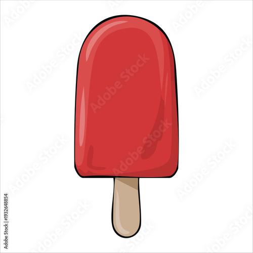 Bright red frozen popsicle treat with wooden stick isolated vector illustration on white background