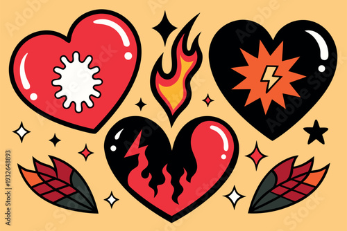 Gothic broken heart icon set with love signs and symbols