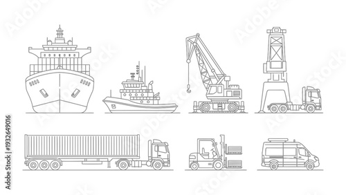 Shipping & Logistics: A detailed illustration of shipping vessels and industrial vehicles, showcasing the movement of goods and materials across land and sea. 