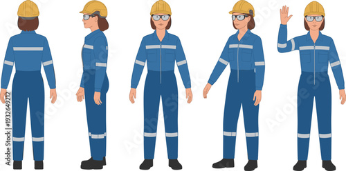 Female Industrial Worker Character Set in Safety Helmet and Blue Coveralls with Front Side Back Views Vector Illustration