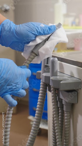 Disinfecting and cleaning medical equipment in modern dental clinic. Preparing dental cabinet for patients. Cleaning saliva ejector in dentistry, clean medical facility. 4 k video