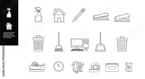 A collection of various household and office supplies icons in a blurry black and white image