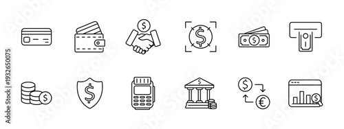 Finance banking payment set icon. Card wallet handshake target cash atm coins shield terminal bank exchange analytics depict money transaction security economy.