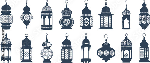 Islamic lantern silhouettes with intricate patterns, Ramadan Kareem fanous icons set, Arabian decorative lamps for Eid Mubarak, Arabic hanging light vector.