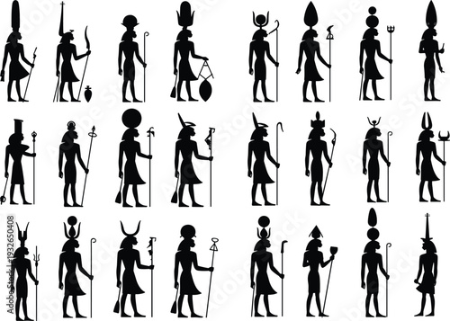 Ancient Egyptian gods and goddesses silhouettes collection with traditional headdresses and scepters isolated vector set for mythology and history design, 20 words.