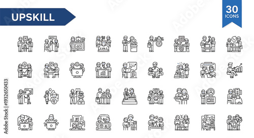 Collection of 30 black and white line drawings of people in various professional and recreational activities for upskilling