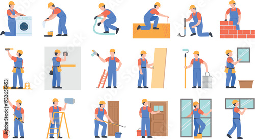 Home Renovation and Repair Workers Performing Construction, Plumbing, Painting and Installation Tasks Flat Vector Illustration Collection