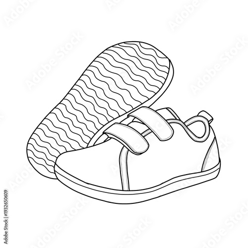 Child's sneaker with velcro straps vector line art illustration. Isolated on a white background