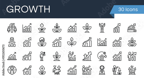 Collection of 30 line icons depicting various growth and development concepts in business and finance