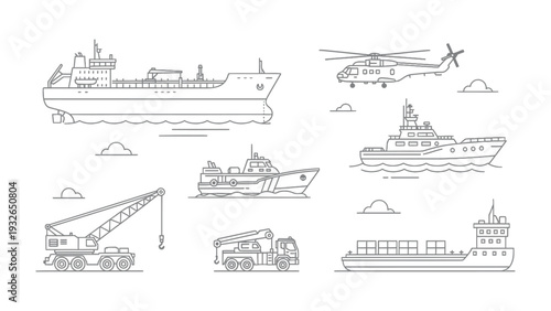 Maritime Machines in Action: A collection of various vehicles showcases the intricacies of maritime transport and industry. Each vessel and machine, precisely detailed.
