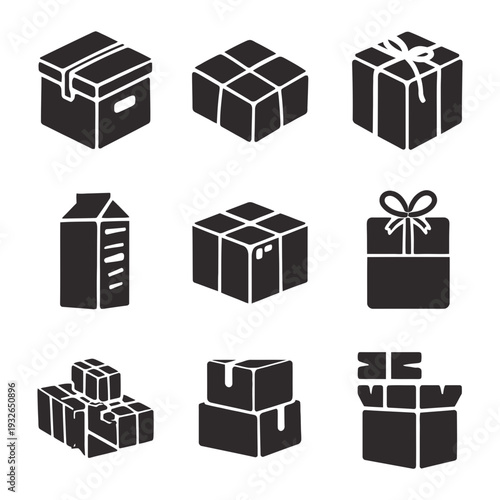 Collection of Shipping and Gift Box Icons in Silhouette