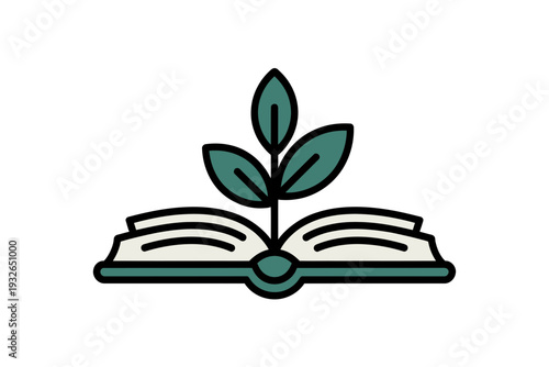 A minimalist vector illustration of an open book with a green plant growing out of it, symbolizing growth and knowledge.