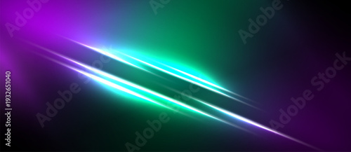 Abstract background features vibrant purple, green hues. Diagonal light streaks create dynamic visual effect. Dark areas provide contrast.