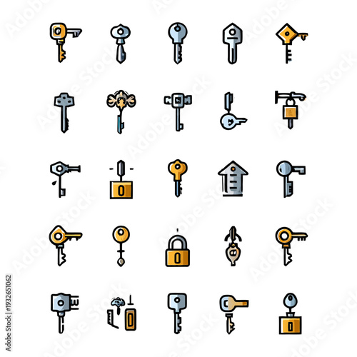 Various Keys and Locks Icons - Doodle Art Style