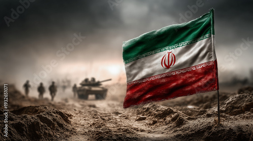 Iranian flag in war scenario: The Iranian flag flutters proudly amidst a scene of conflict, a tank and soldiers in silhouette on the battlefield, evoking a sense of national pride and struggle.