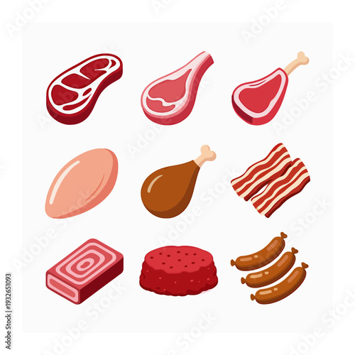 Fresh Raw Meats and Poultry Assortment, Illustrated Vector Icons