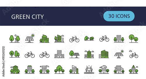 Collection of 30 greek city icons featuring buildings trees and cyclists