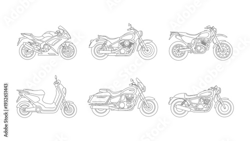 Motorcycle Selection: An array of different motorcycle types, showcasing various designs and styles, capturing the essence of transportation.