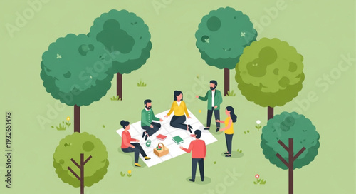 Group of friends enjoying a picnic in a park on a sunny day.