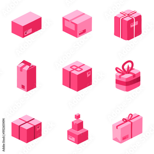 Pink Gift Boxes and Packages Assortment, Isometric View