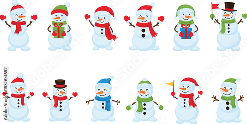 Cute Christmas Snowman Character Icon Set with Winter Outfits, Colorful Scarves, Hats, and Holiday Gift Boxes for Festive Season Vector Graphic Designs