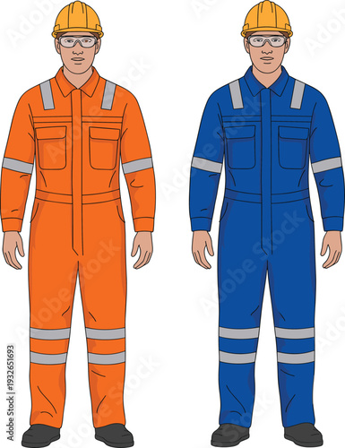 Industrial Worker Coveralls with Reflective Safety Strips and Helmets Flat Vector Illustration for Construction and Engineering Uniform Design