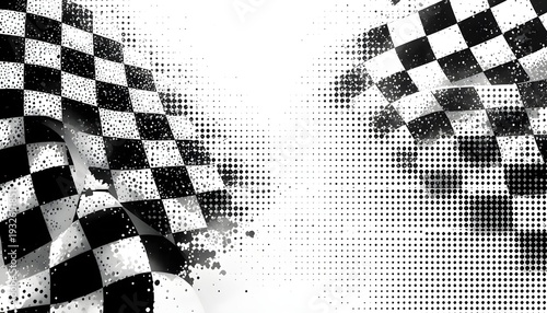 Checkered racing flag pattern fading into halftone dots, speed concept, black and white