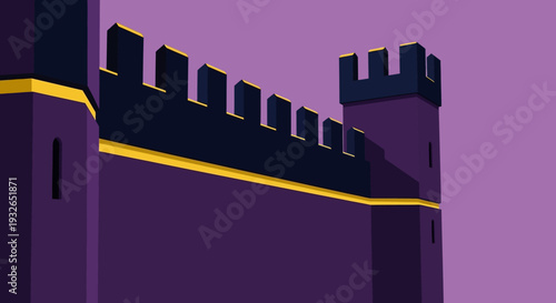 Illustration of a medieval castle wall with towers viewed from below against a purple sky at dusk with dramatic shadows