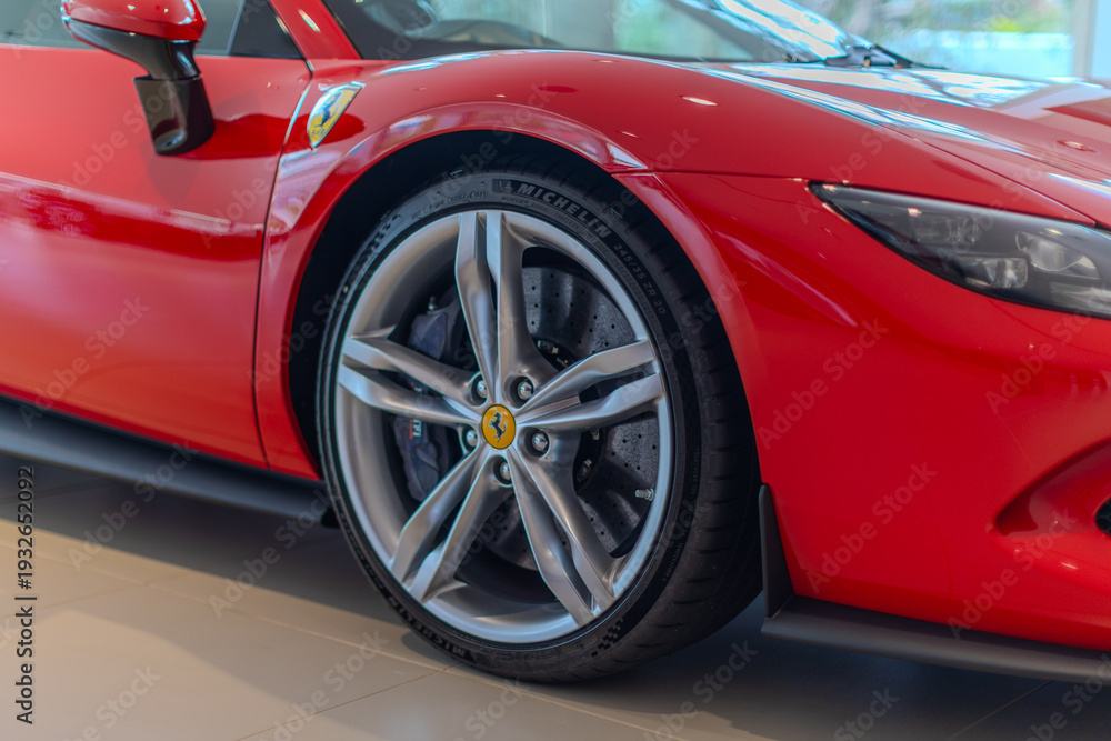 Naklejka premium 2 March 2026 Italian Car beautiful Ferrari large mag wheels bright colours on show in Sydney NSW Australia