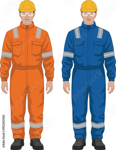 Industrial Worker Safety Uniform Set with Reflective Coveralls and Helmets Flat Vector Illustration for Construction and Engineering Professionals