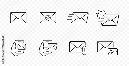 Email set icon. Envelope, sealed message, express send, urgent mail, inbox on phone, attachment, photo, notification, communication, correspondence, support, marketing, delivery