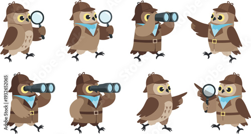 Cute Cartoon Owl Detective Mascot Vector Set with Magnifying Glass and Binoculars Wearing Investigator Hat and Trench Coat for Mystery Concept Designs