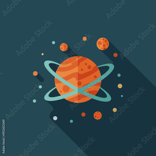 Flat design illustration of a planet with rings and smaller celestial bodies.