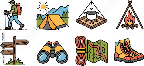 Set of outdoor adventure icons with hiker mountains tent campfire cooking pot signpost binoculars map rope boots.