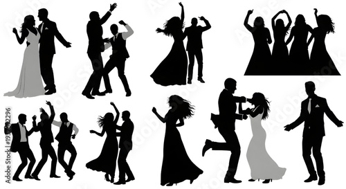 Wedding Dancing People Silhouette Vector Set – Editable Bridal Celebration Collage