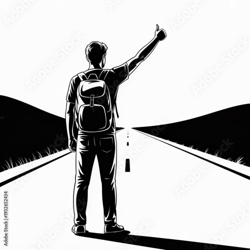 A lone traveler with a backpack hitchhiking on a deserted road, viewed from behind, surrounded by hills and grass, in a black and white illustration.