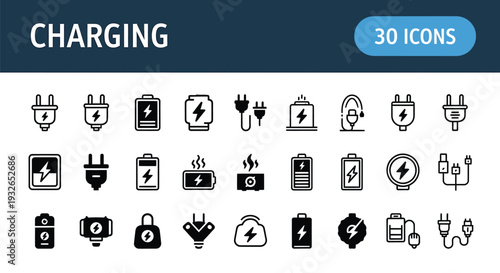 Collection of 3d charging icons and symbols for energy and power