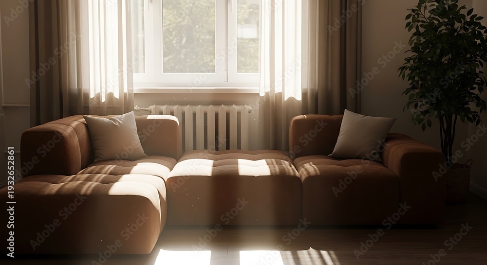 Fototapeta premium Brown sectional sofa in a room with a window and a plant