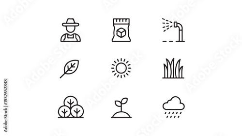 Minimalist Agriculture and Gardening Line Icon Set Featuring Farmer Plants Weather and Irrigation Symbols