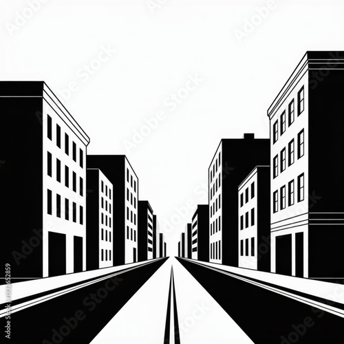 Cityscape illustration of a straight road between tall buildings from a frontal viewpoint