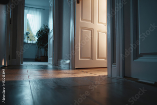 closed nursery door with soft light coming from inside, calm moody environment, minimal modern hallway, horizontal composition