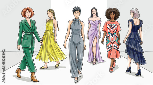 Diverse women models elegantly walk a runway displaying various fashion styles and modern apparel