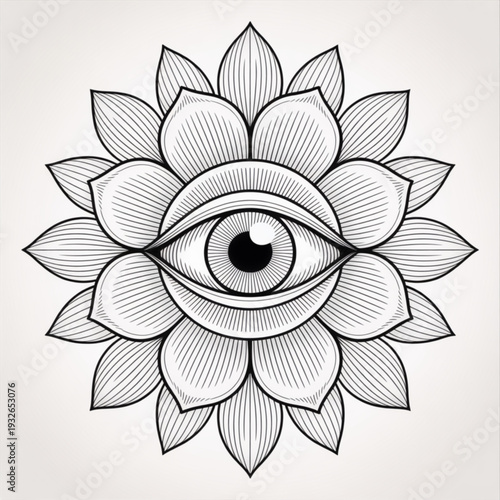 A black and white vector illustration of an eye surrounded by lotus flower petals, representing spirituality and mysticism in a symbolic and abstract representation